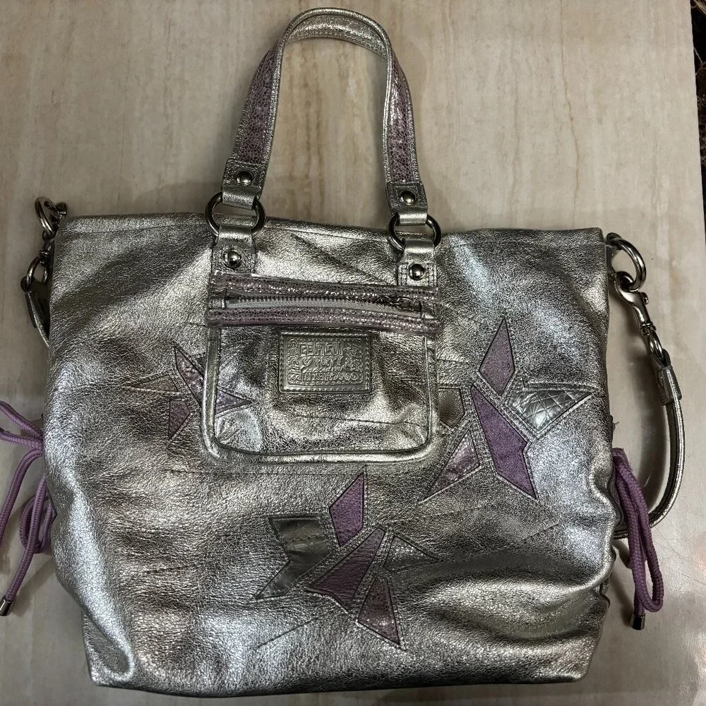 Coach Poppy Metallic Silver Leather Star Appliqué Tote Bag Purple Y2K - Picture 2 of 10